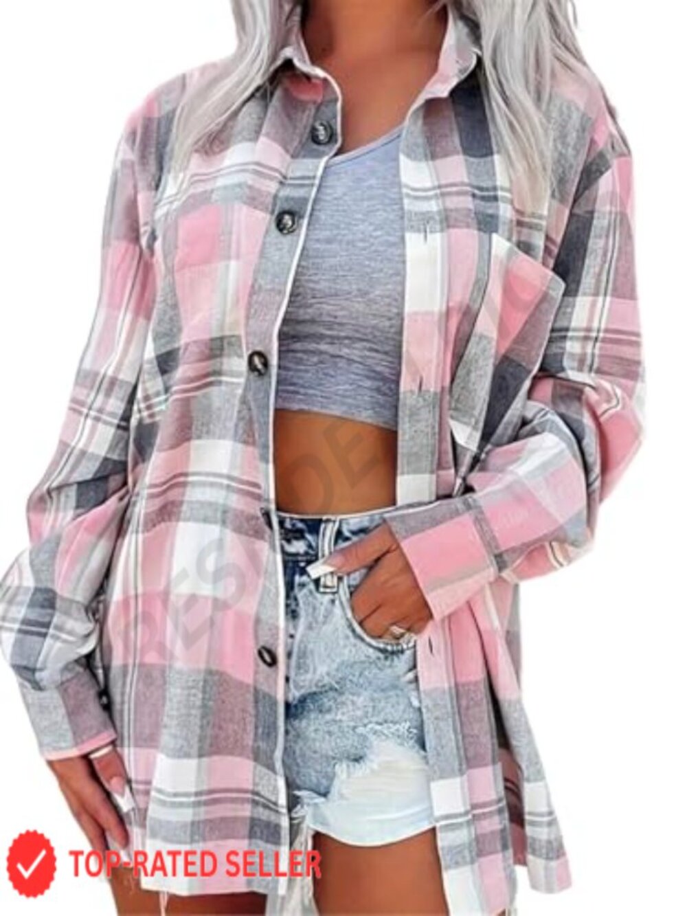 Oversized Buffalo Plaid Button Down Shirt Women's Long Sleeve Blouse